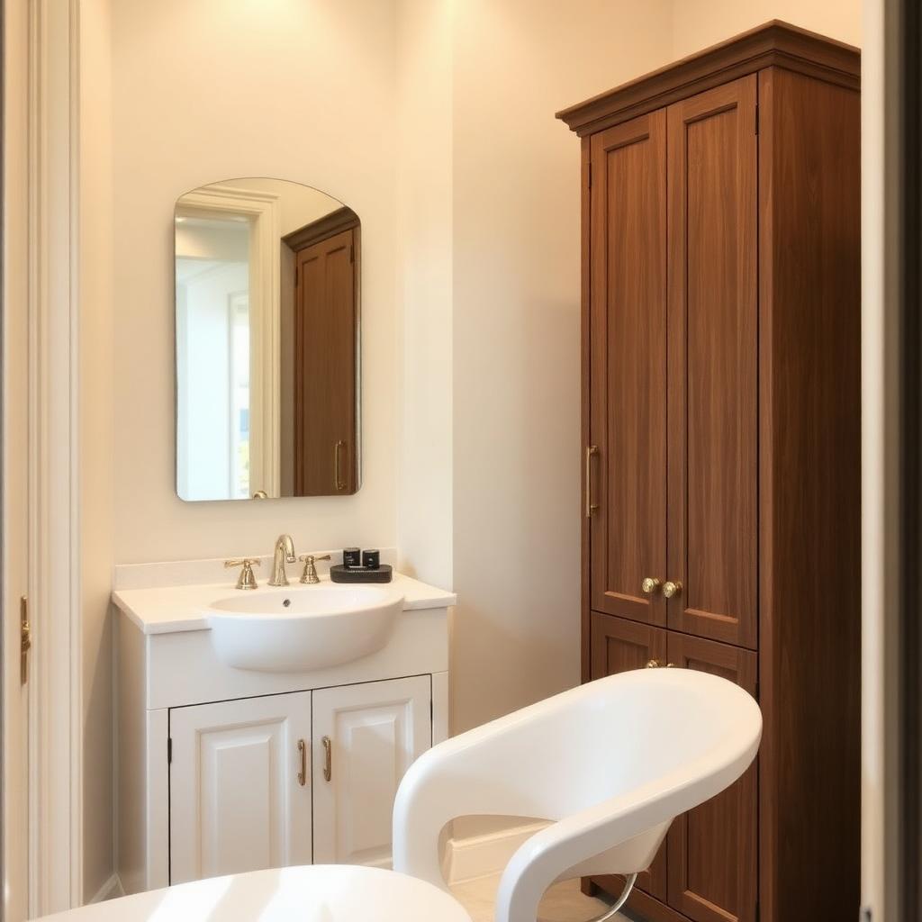 Sink area inside the private Forest Park salon space with cabinet storage and cream walls