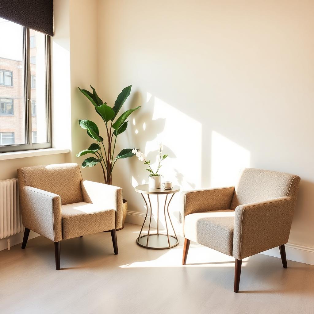 Shared waiting area with two armchairs and a side table for salon clients in Forest Park